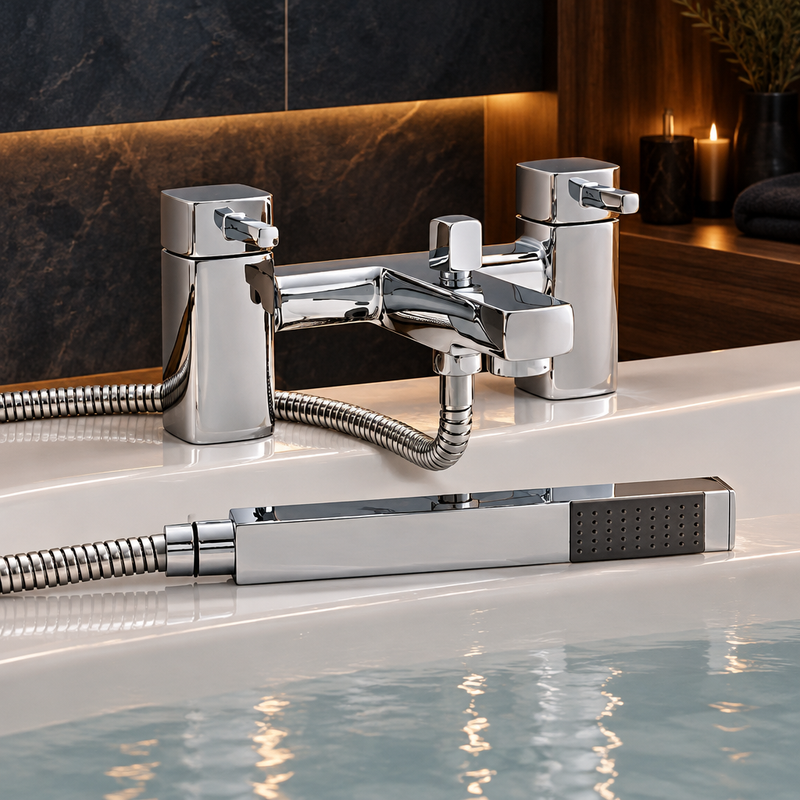Kartell Mode polished chrome bath shower mixer with square levers and shower handset installed on a white bath against dark tile and timber in warm lighting