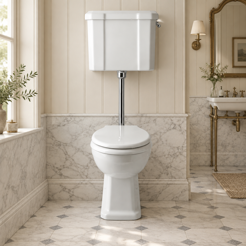 White toilet with raised high-level cistern and exposed chrome flush pipe in an elegant panelled bathroom