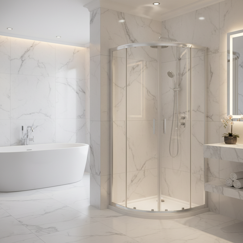 Quadrant shower enclosure and tray set in luxury marble bathroom setting