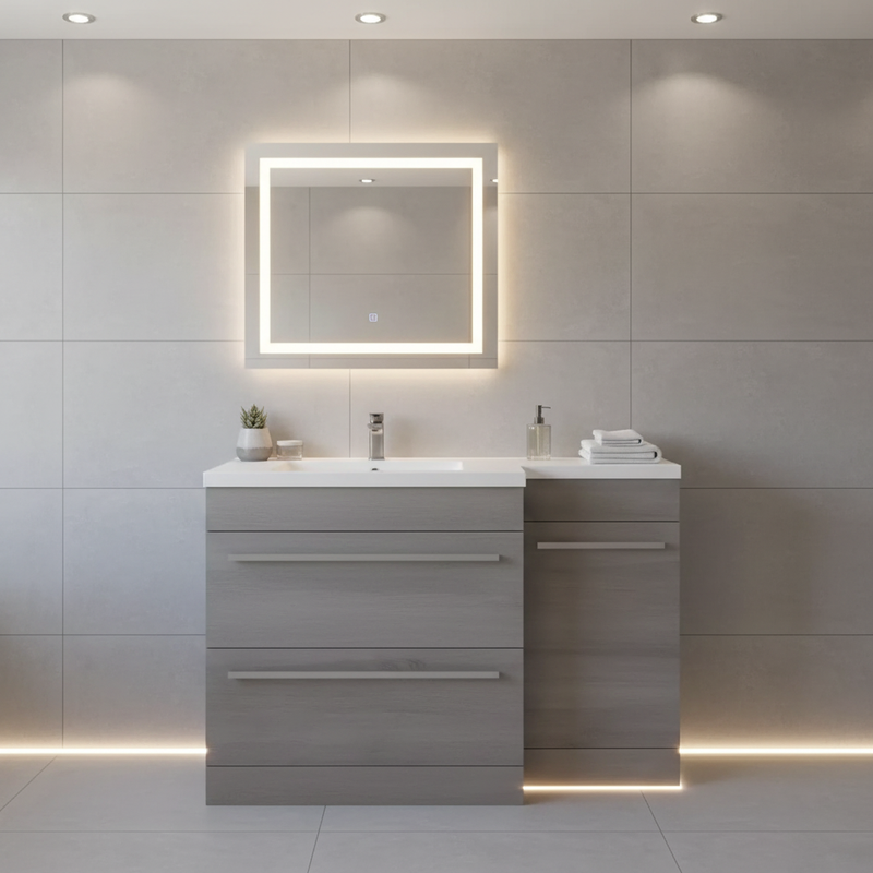 Kartell Matrix 1100mm silver oak L-shaped vanity unit with two drawers in a contemporary designer bathroom