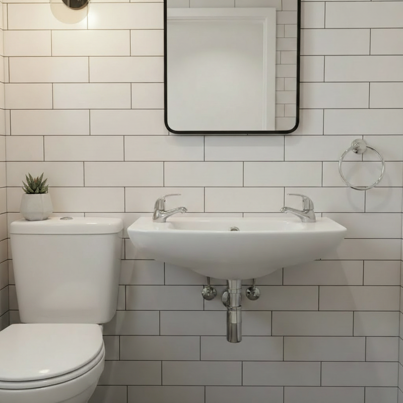 White wall-hung cloakroom basin with two chrome pillar taps installed in a stylish compact cloakroom with white subway tiles