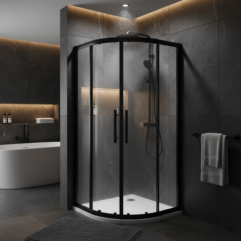Black framed quadrant shower enclosure in luxury contemporary bathroom setting