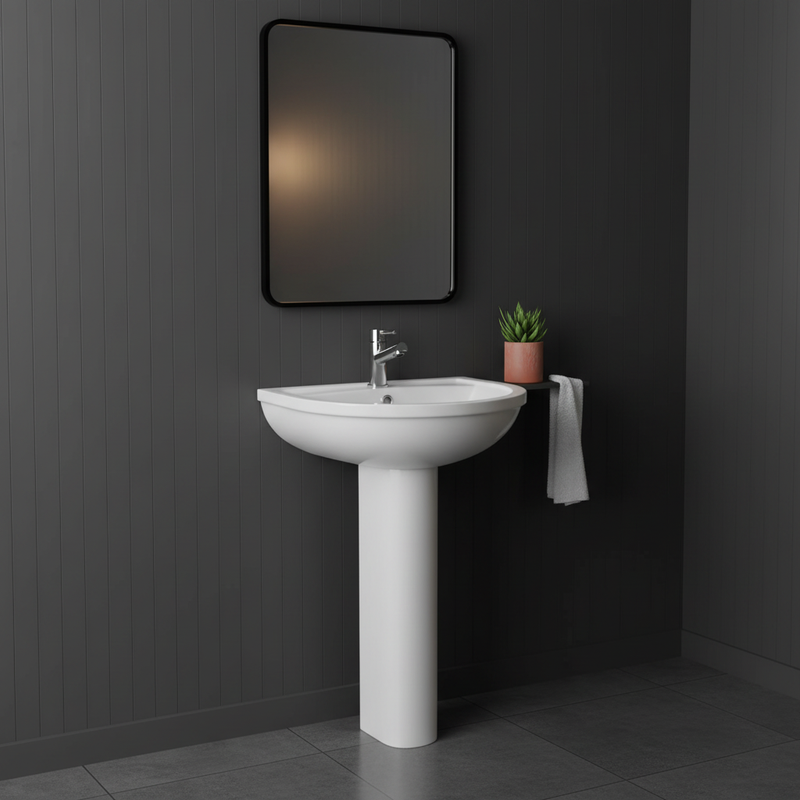 Kartell Bijoux 550mm basin with full pedestal styled in a luxury cloakroom setting