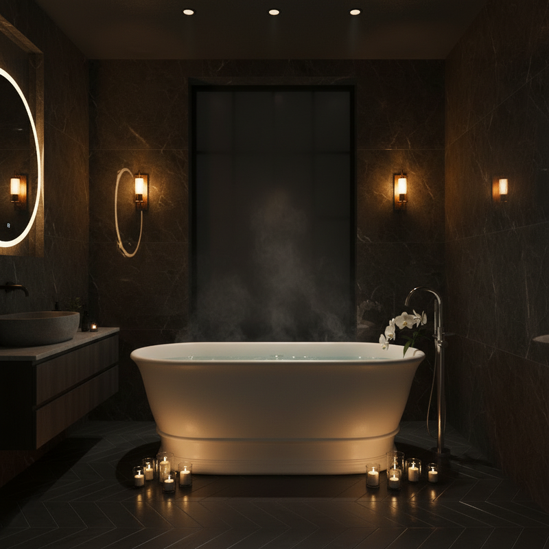BC Designs Bampton white solid surface freestanding bath in an ultra-dark cinematic luxury bathroom with warm golden lighting