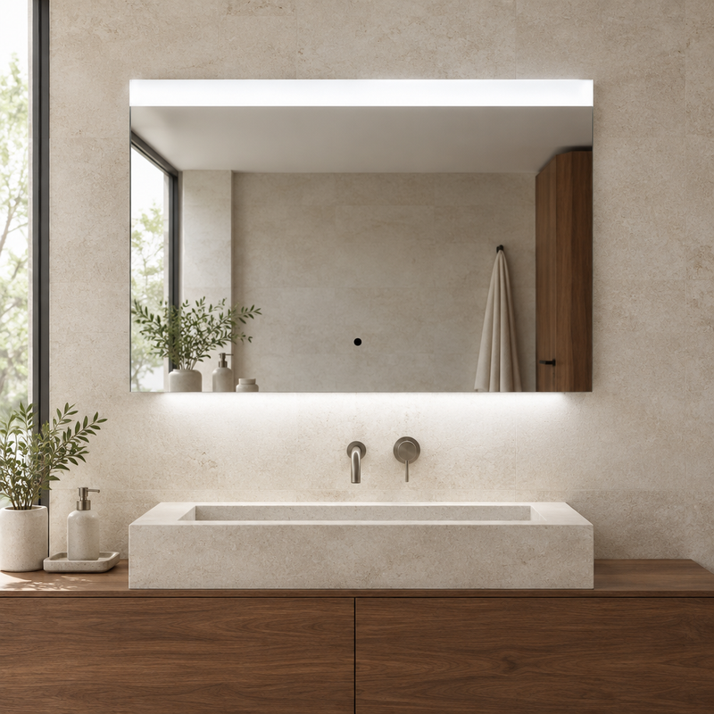 Landscape mirror with bright white top bar and lower basin light in a designer bathroom