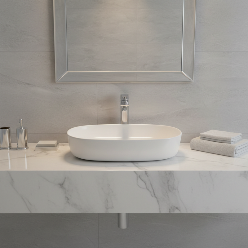 White oval countertop basin on marble bathroom counter with chrome tap