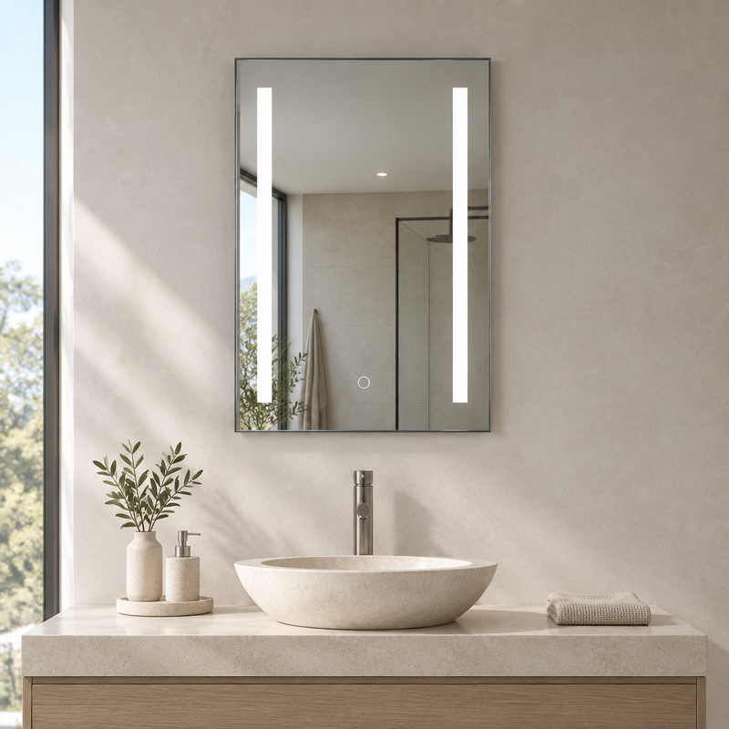 Portrait bathroom mirror with two bright white vertical light bars above a basin