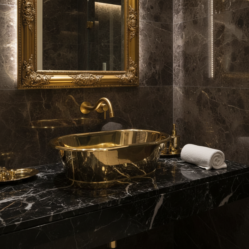 Polished gold oval countertop basin on black marble counter in a luxury five-star bathroom setting