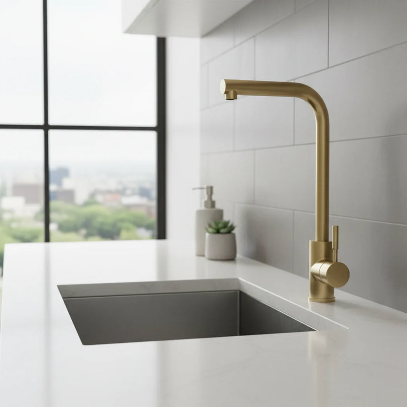 Nuie Top-Fix Vito L-Neck Kitchen Mixer - Brushed Brass