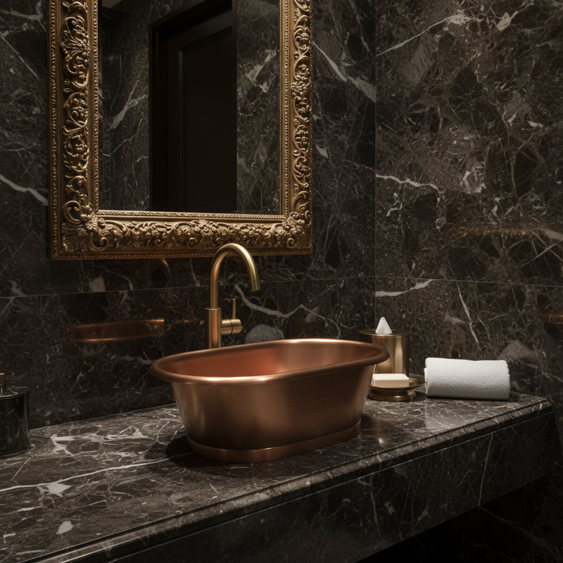 Antique copper oval countertop basin on dark marble counter in a luxury boutique bathroom setting
