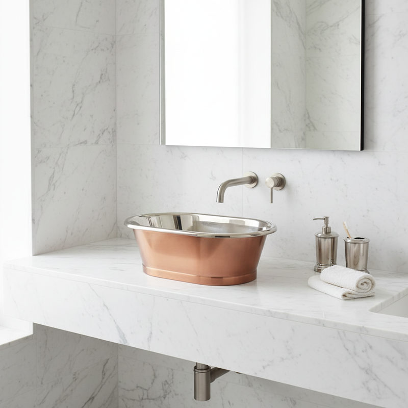 Copper and nickel oval countertop basin on white Carrara marble counter in a bright luxury bathroom setting