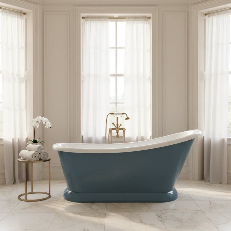 Bayswater 1700mm Stiffkey Blue freestanding slipper bath in a bright elegant traditional bathroom