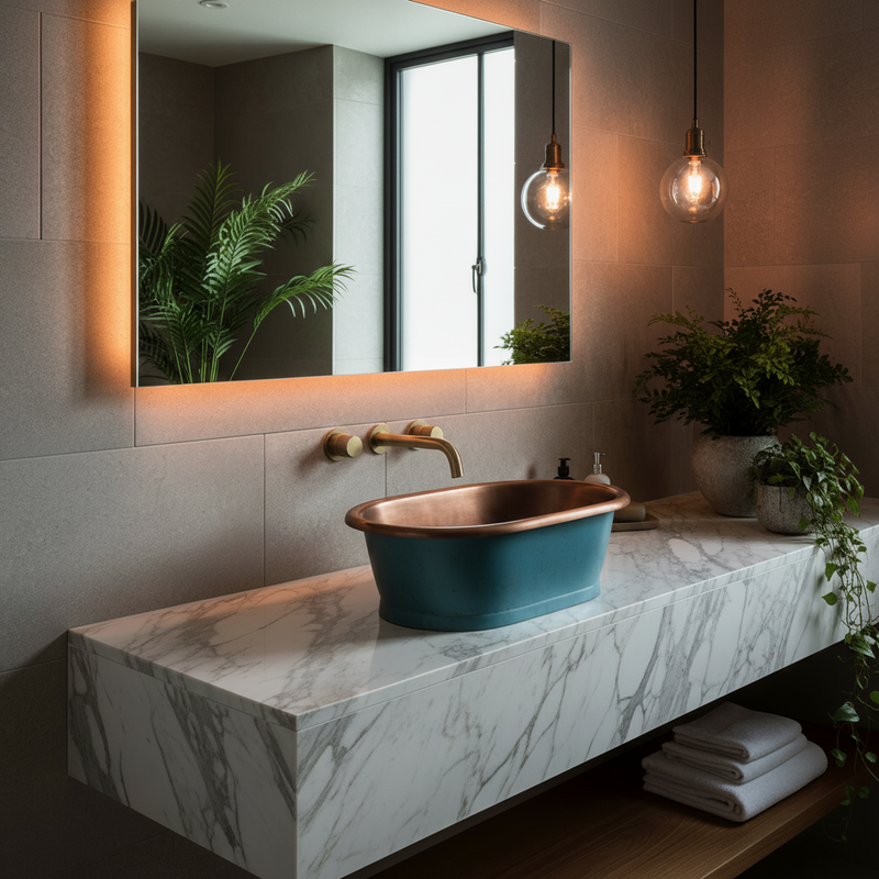 BC Designs copper and patinata blue countertop basin on marble vanity in luxury designer bathroom