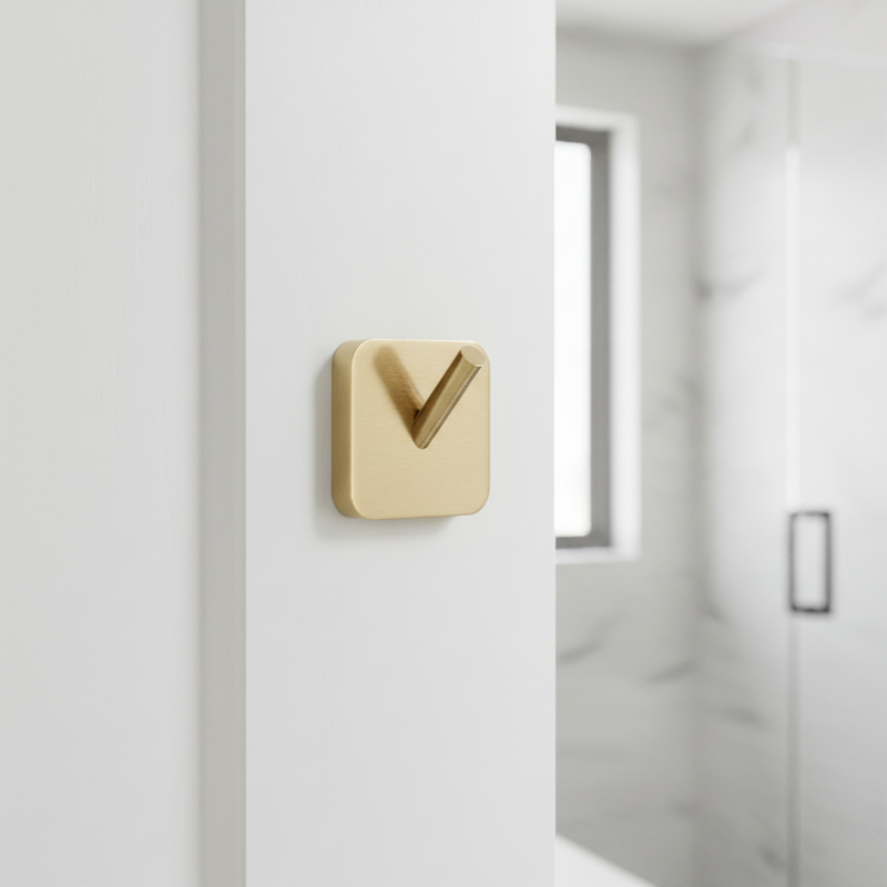 Brushed gold square robe hook mounted on back of bathroom door