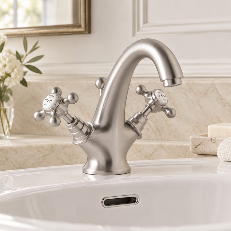 Pair of brushed-chrome basin taps with white ceramic HOT and COLD crosshead handles on a white basin against warm ivory stone
