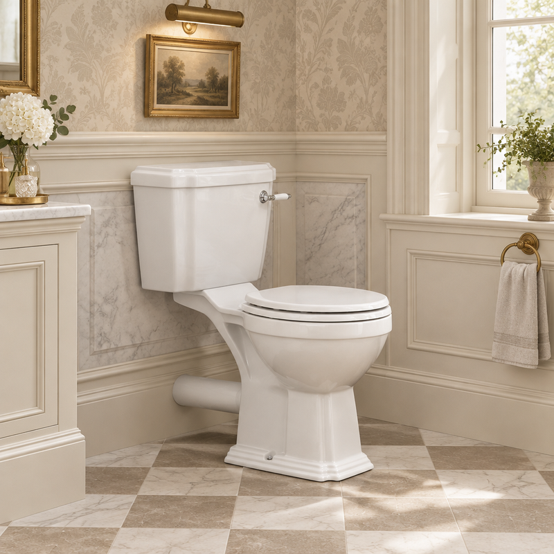 Traditional white close-coupled toilet with chrome flush lever in an elegant panelled bathroom with pale stone floor