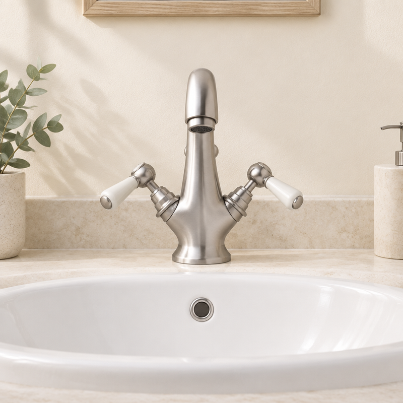 Front view of BC Designs Victrion brushed chrome mono basin mixer facing forward above white basin on a light stone countertop