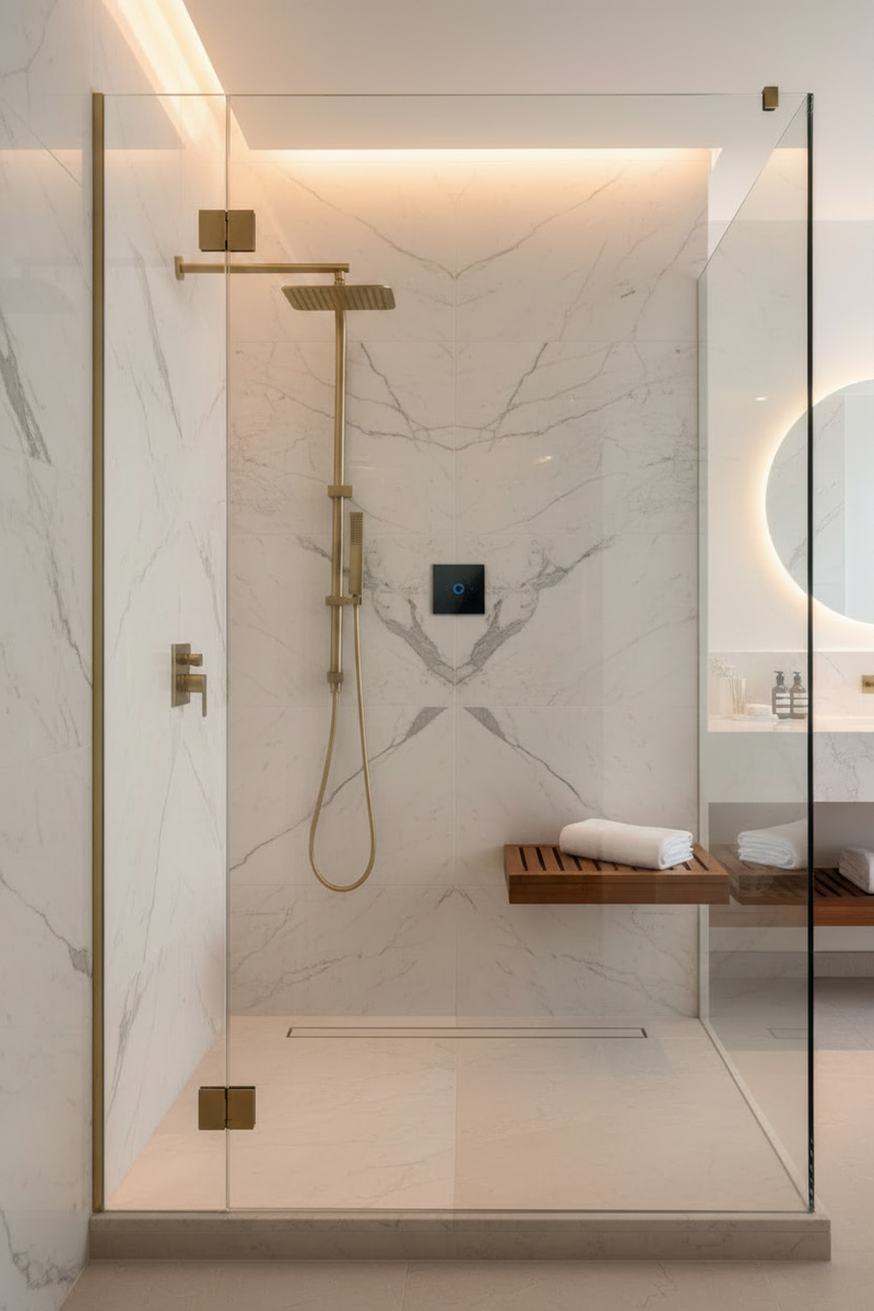 TED Square Merso brushed brass shower kit in luxury marble bathroom setting