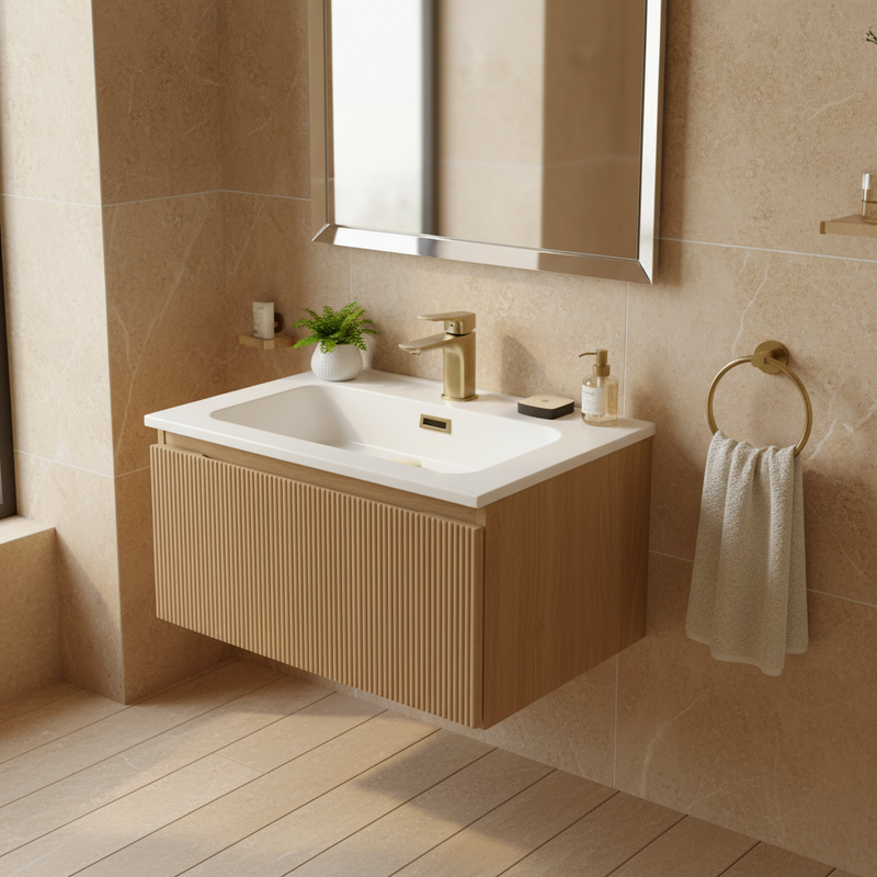 Tailored Bathrooms Flauto country oak ribbed fluted wall-hung vanity unit with integrated white ceramic basin and brushed gold tap styled in a warm contemporary designer bathroom