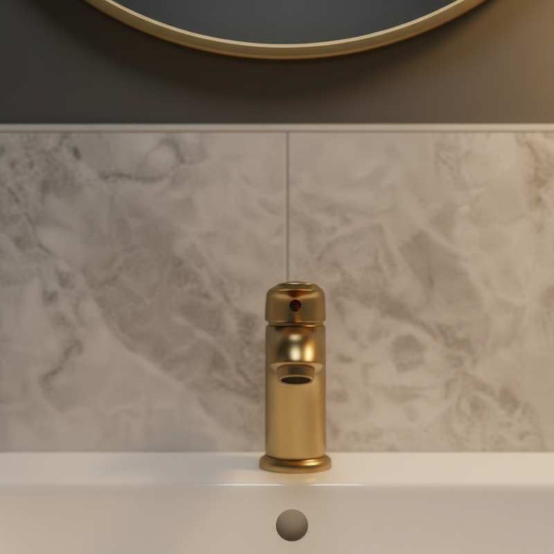 Top Fix brushed brass mono basin mixer tap as hero focal point in an elegant cloakroom setting