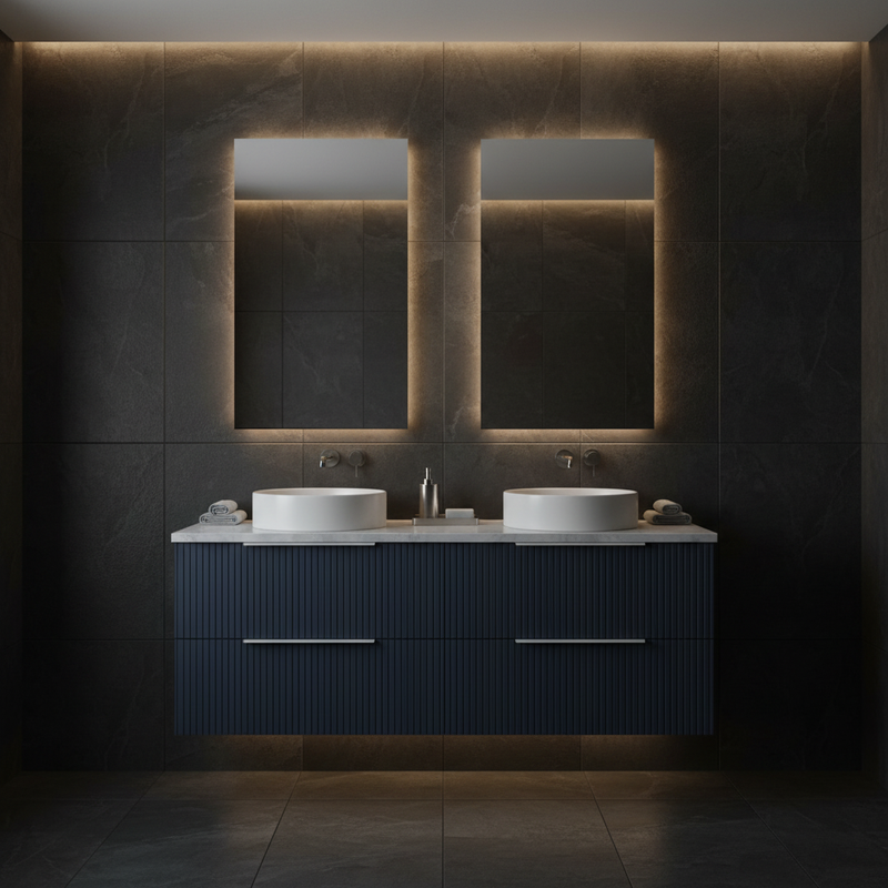 Hudson Reed navy blue ribbed wall-hung 4 drawer vanity unit with light marble worktop and twin white vessel basins with chrome taps styled in a dramatic dark designer master bathroom