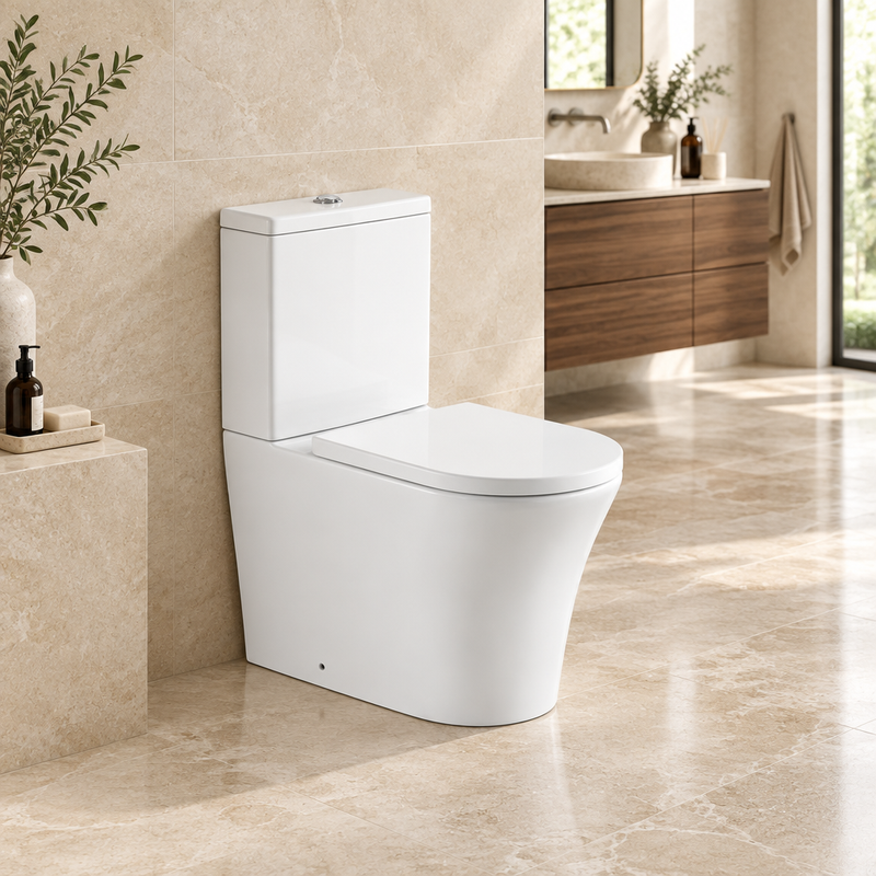 Kartell Kameo white close-coupled toilet with cistern and soft-close seat in a warm limestone bathroom