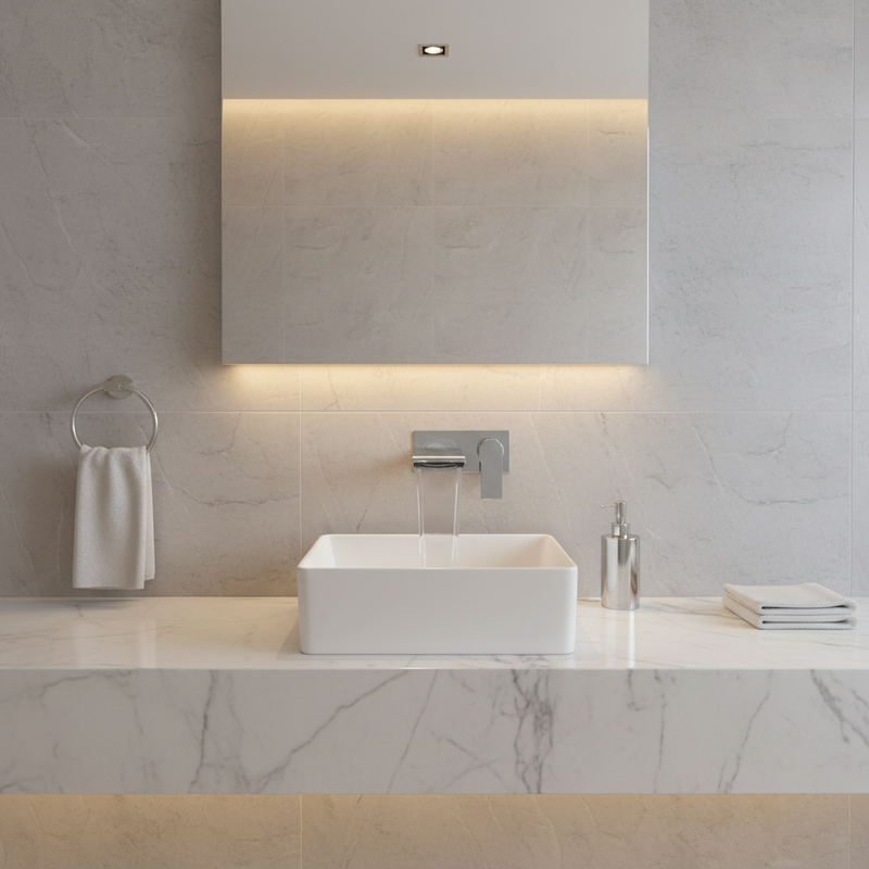 White square countertop basin installed on a marble bathroom counter with chrome tap