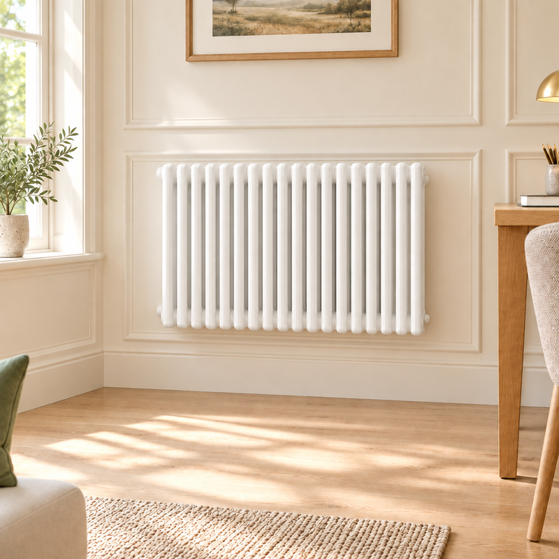 Wyvern Classico white two-column horizontal radiator wall-mounted above the floor in a bright home interior