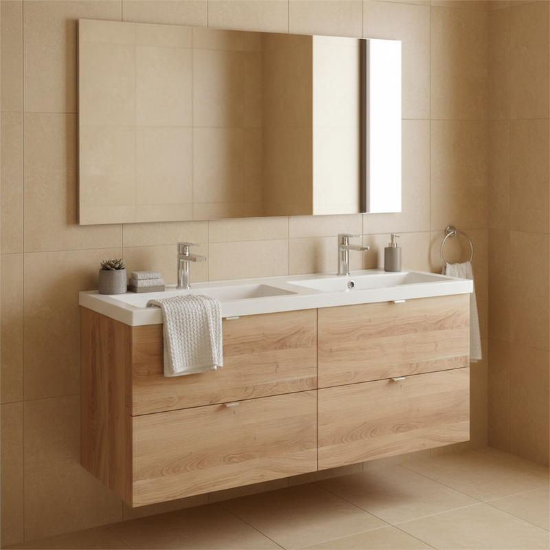 Iona natural oak wood-effect wall-hung 4 drawer vanity unit with integrated double ceramic basin and twin chrome taps styled in a warm contemporary designer bathroom