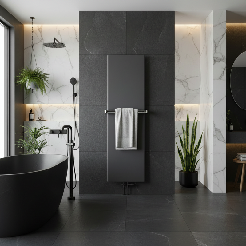 Reina Slimline Anthracite vertical designer radiator with chrome towel bar in a luxury bathroom setting