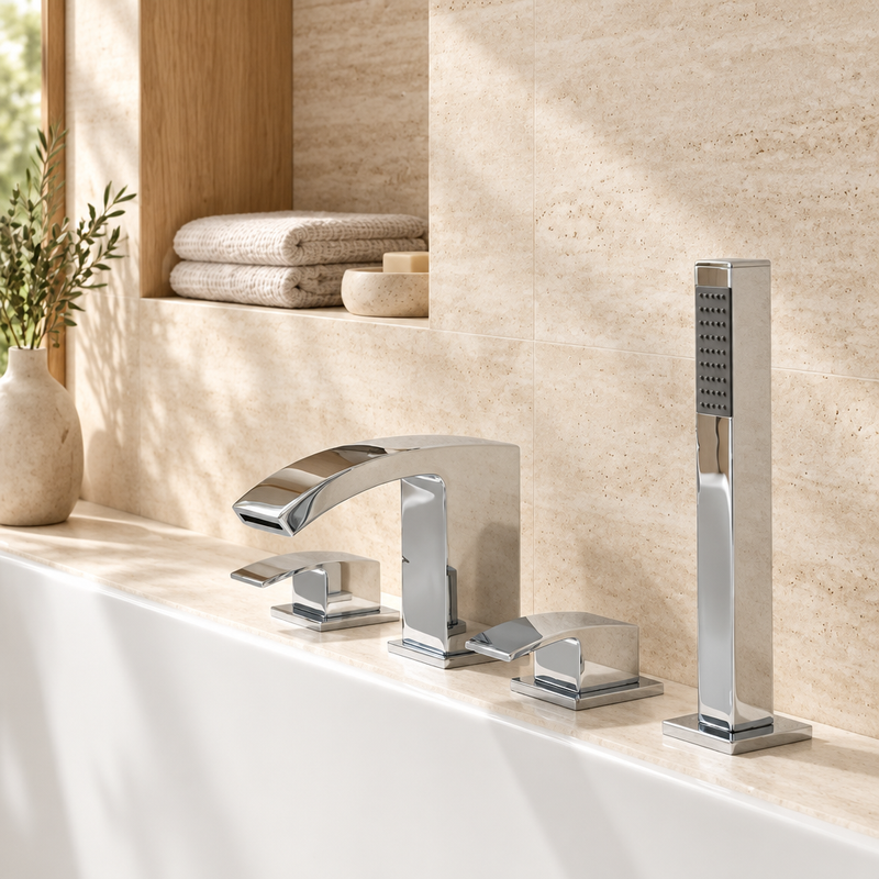 Chrome Kartell Flair bath shower mixer with handheld shower against warm ivory travertine and light oak details