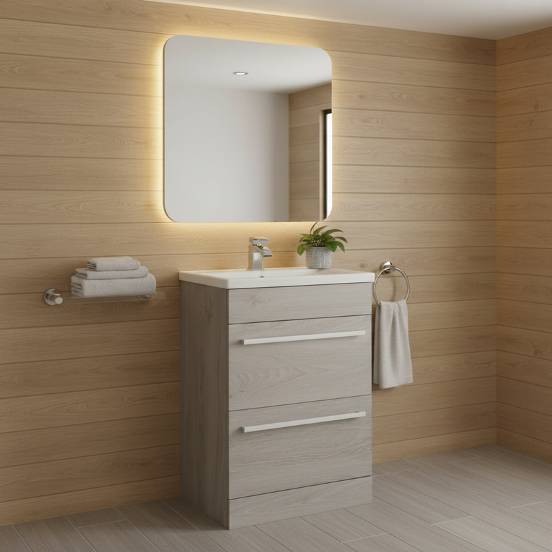 Light grey wood-effect two drawer floor-standing vanity unit with basin in a Scandi-inspired bathroom setting