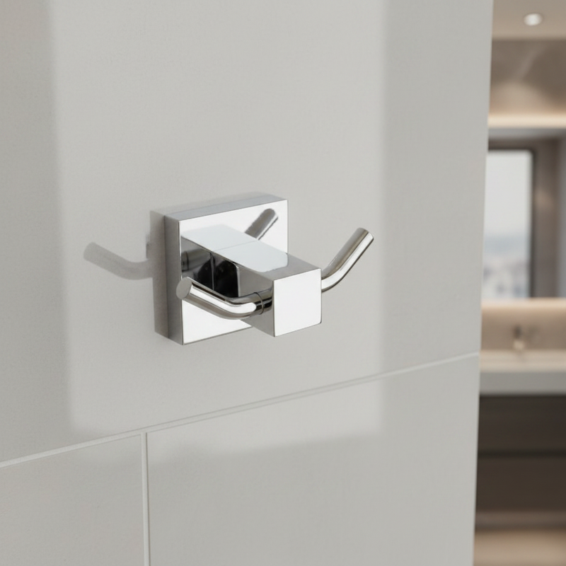 Polished chrome square double robe hook mounted empty on bathroom wall