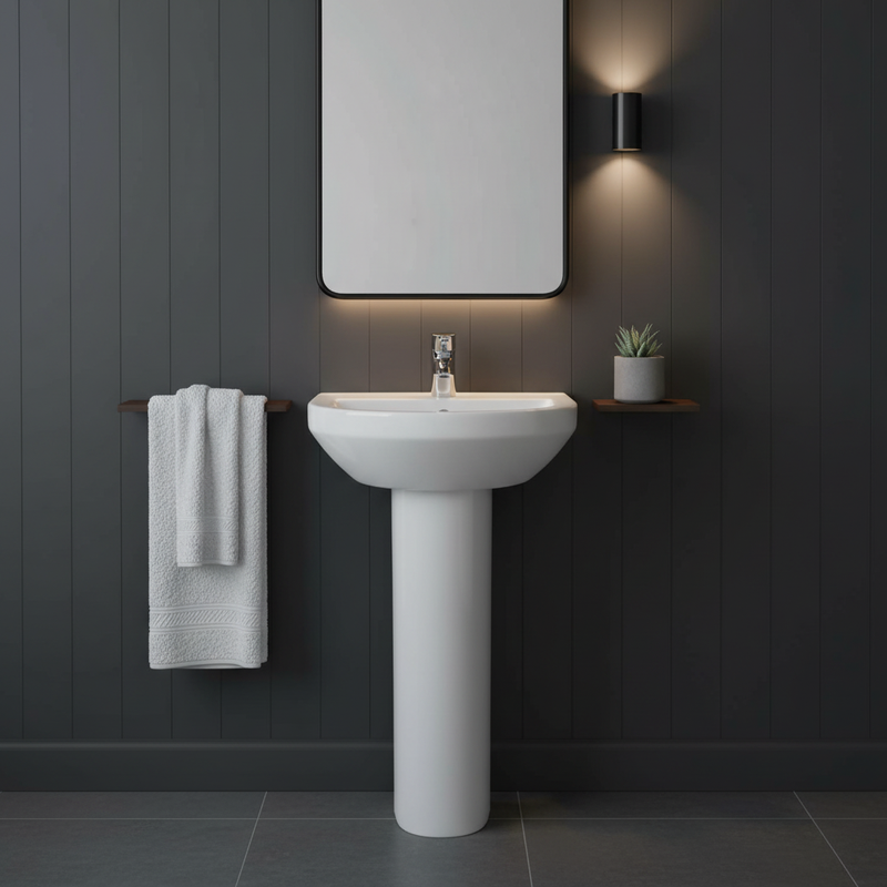 Kartell Style 1 Tap Hole Round Basin with Full Pedestal styled in a luxury cloakroom setting