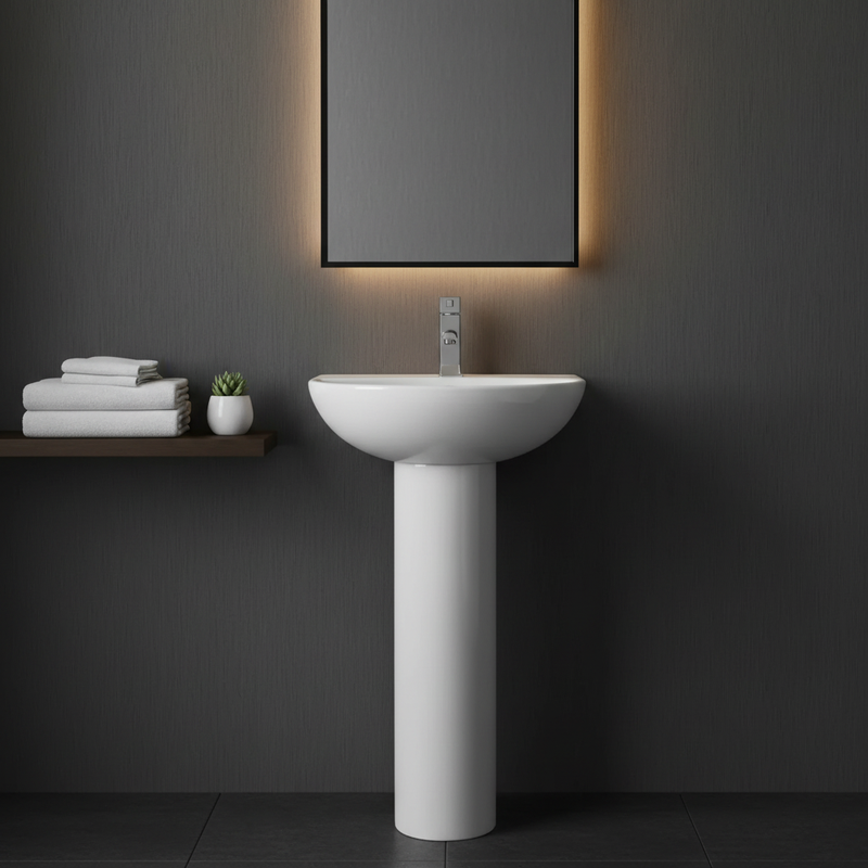 Kartell rounded basin with full pedestal styled in a luxury cloakroom setting