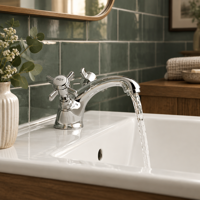 Kartell Klassique chrome mono basin mixer installed on a white basin in a heritage-inspired tiled bathroom