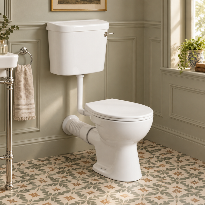 Kartell Proton low-level toilet pan styled in a traditional bathroom with a separate cistern shown for context