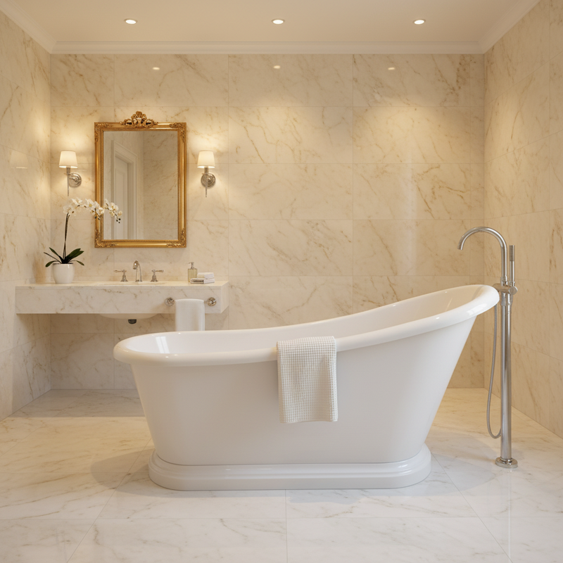 BC Designs white single-ended slipper bath with high curved back and stepped pedestal base in a grand Calacatta marble luxury bathroom setting