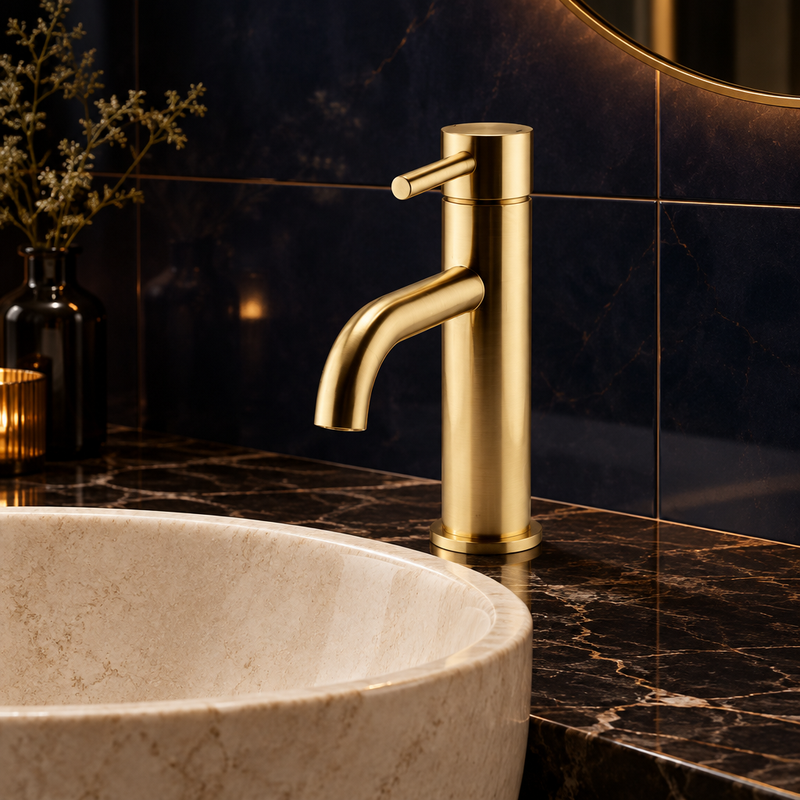 Kartell Ottone brushed-brass basin mixer tap installed on an ivory basin against deep dark tile and marble with warm lighting