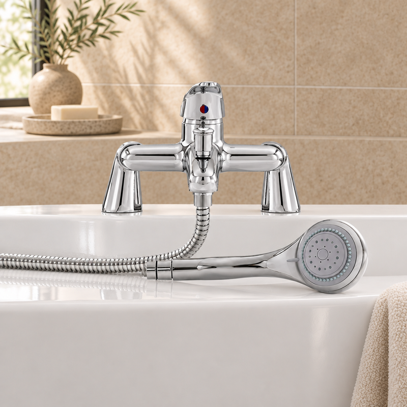 Straight-on view of a Kartell G4K polished chrome bath shower mixer and hose beside a white bath
