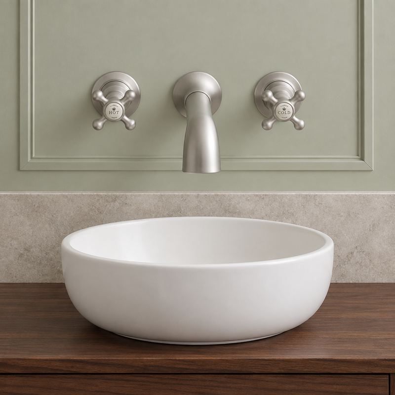 Lifestyle mock-up of brushed chrome three-piece wall-mounted crosshead bath filler shown above a round countertop basin