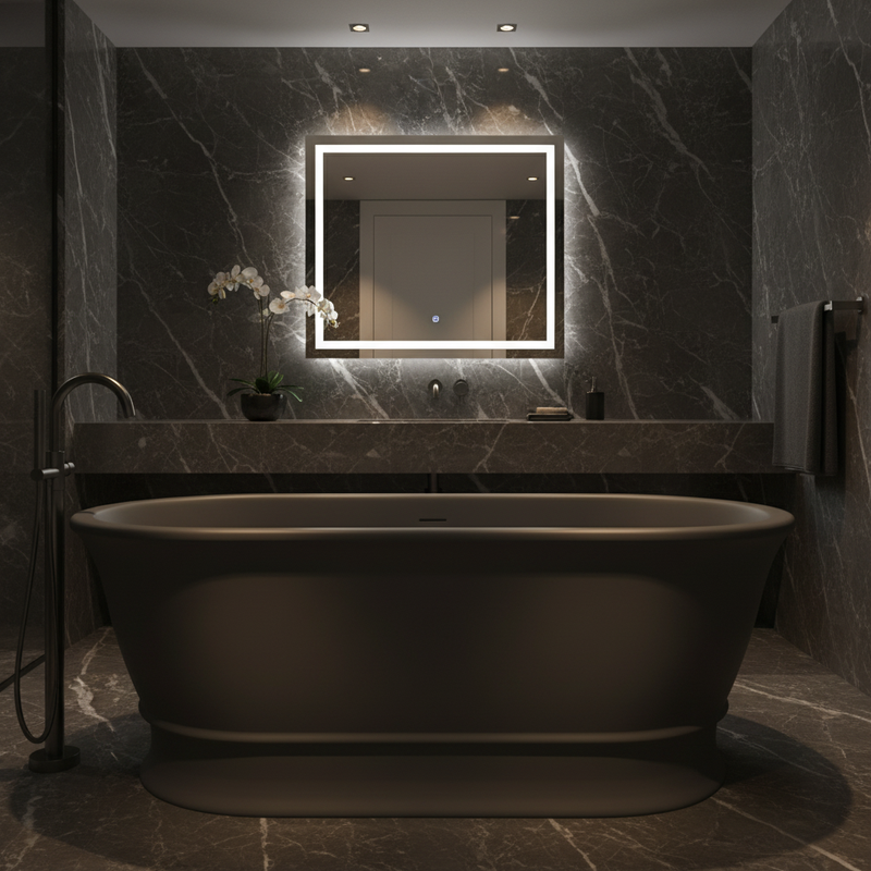 BC Designs Bampton gunmetal solid surface freestanding bath in a dramatic dark marble luxury bathroom setting