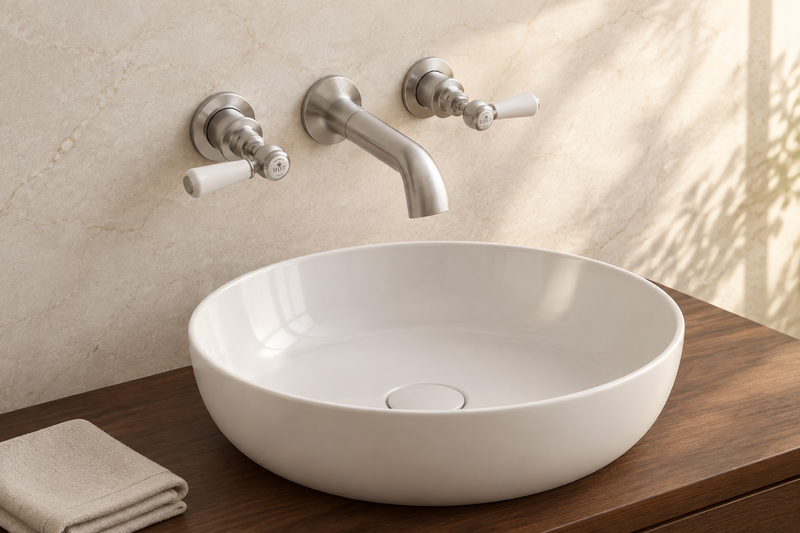 BC Designs Victrion brushed chrome three-hole wall-mounted basin filler above a round countertop basin on a walnut vanity