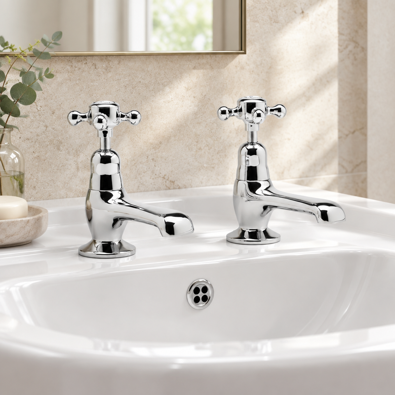 Matching pair of polished chrome crosshead basin pillar taps installed on a white ceramic basin in a pale stone designer bathroom