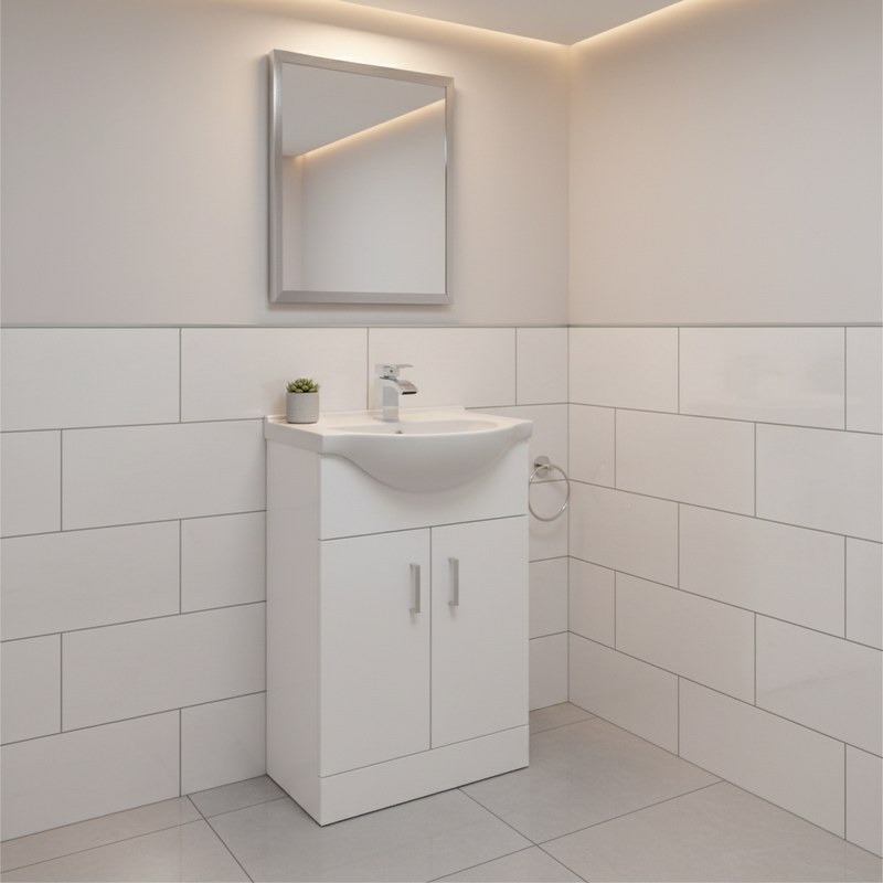 Axis white gloss floor standing vanity unit in a bright contemporary cloakroom setting