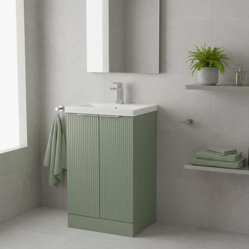 Hudson Reed sage green ribbed floor-standing 2 door vanity unit with integrated ceramic basin and chrome tap styled in a bright contemporary designer bathroom