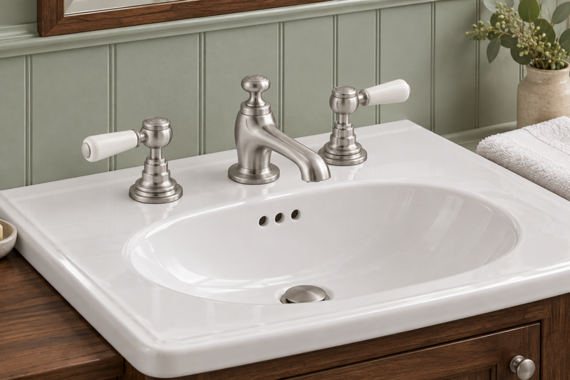 Brushed chrome three-hole deck-mounted basin tap with white lever handles on a white basin above a walnut vanity