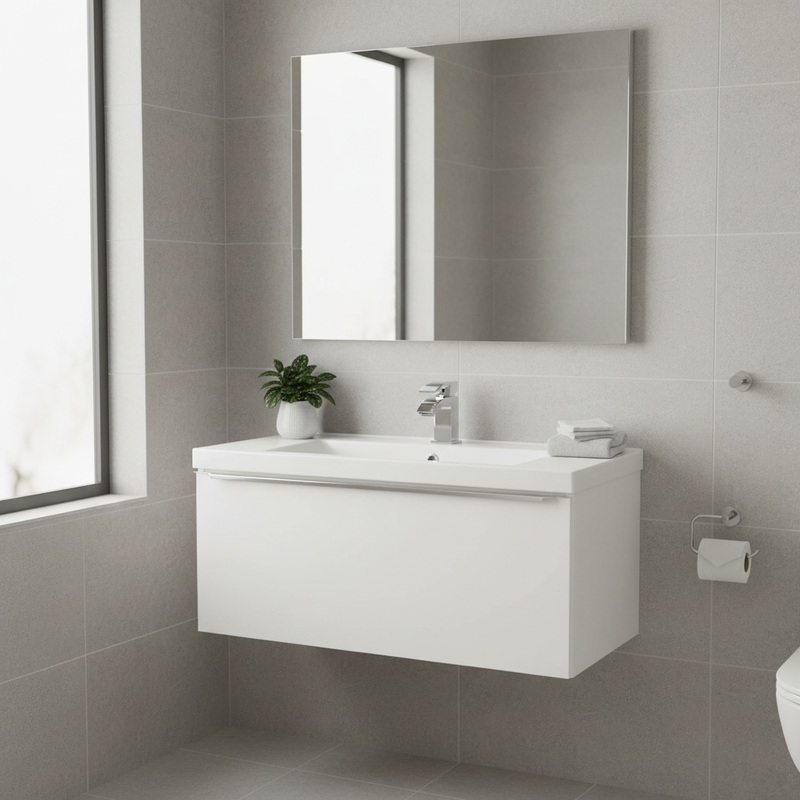 White gloss wall-mounted vanity unit with integrated ceramic basin and chrome mono tap in a bright modern bathroom setting