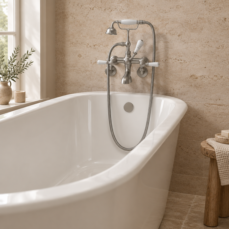 BC Designs Victrion brushed chrome wall-mounted bath shower mixer with handset positioned at the end of a white bath