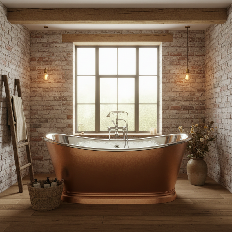 BC Designs Copper and Nickel Boat Bath in a luxury barn conversion bathroom setting